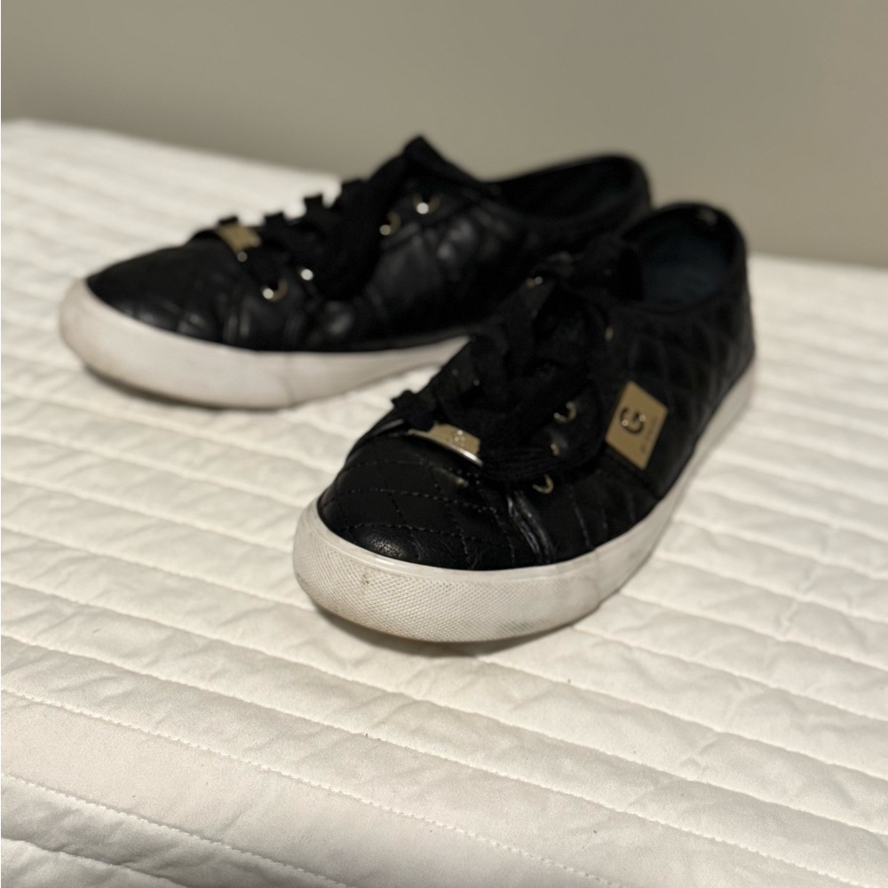 Black Quilted Sneakers with Gold Accents